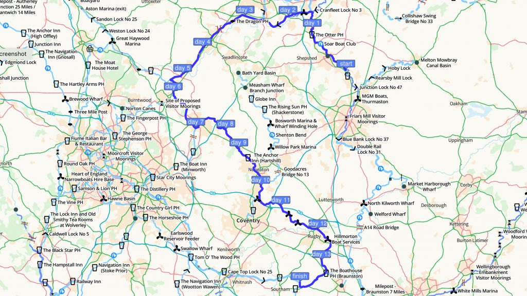 A map showing our revised route to Calcutt Bottom Lock