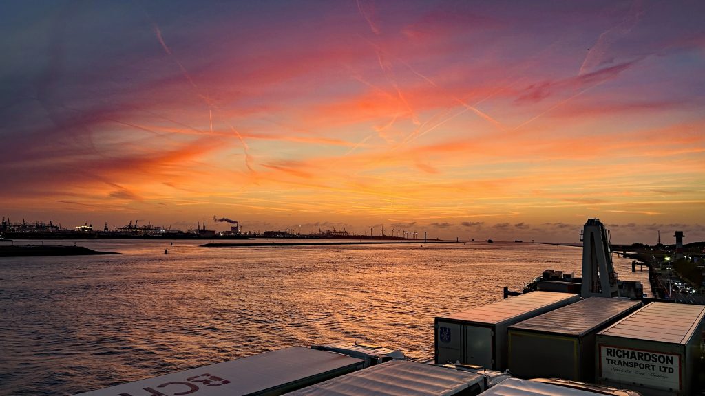 A stunning sunset as we leave The Netherlands