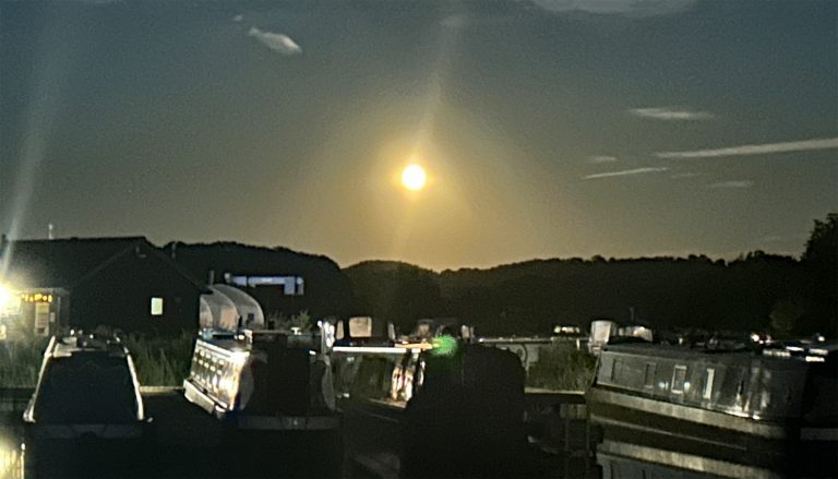 A full moon on a clear night shining over the marina boats