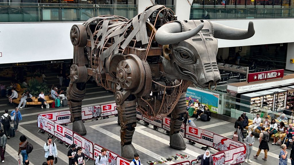 Ozzy the mechanical automaton bull that lives in Birmingham Bullring Shopping Centre